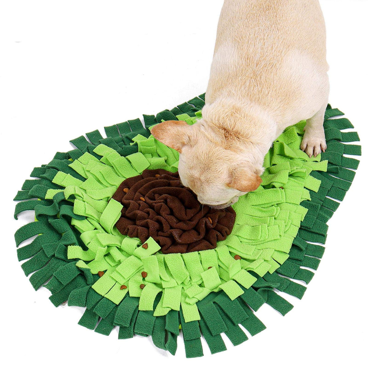 Dog nosing through the fleece strips of the avocado snuffle mat