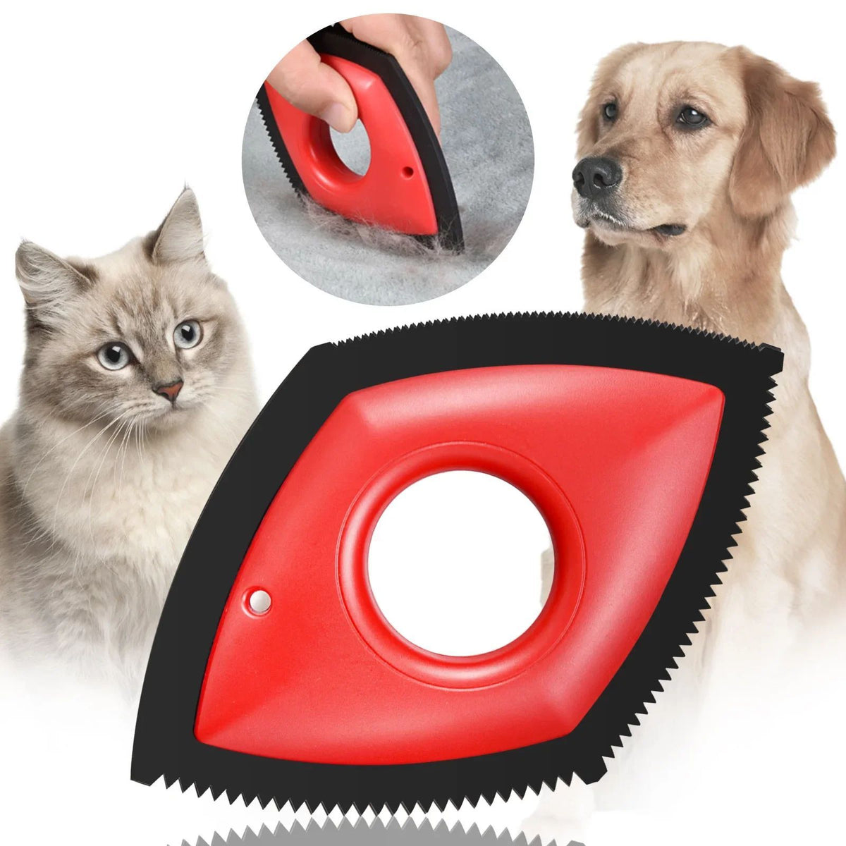 Pet Hair Scraper in red with a dog and cat