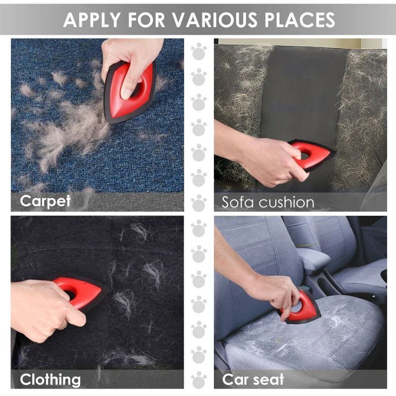 Pet Hair Scraper used on carpet, a sofa cushion, clothing and a car seat