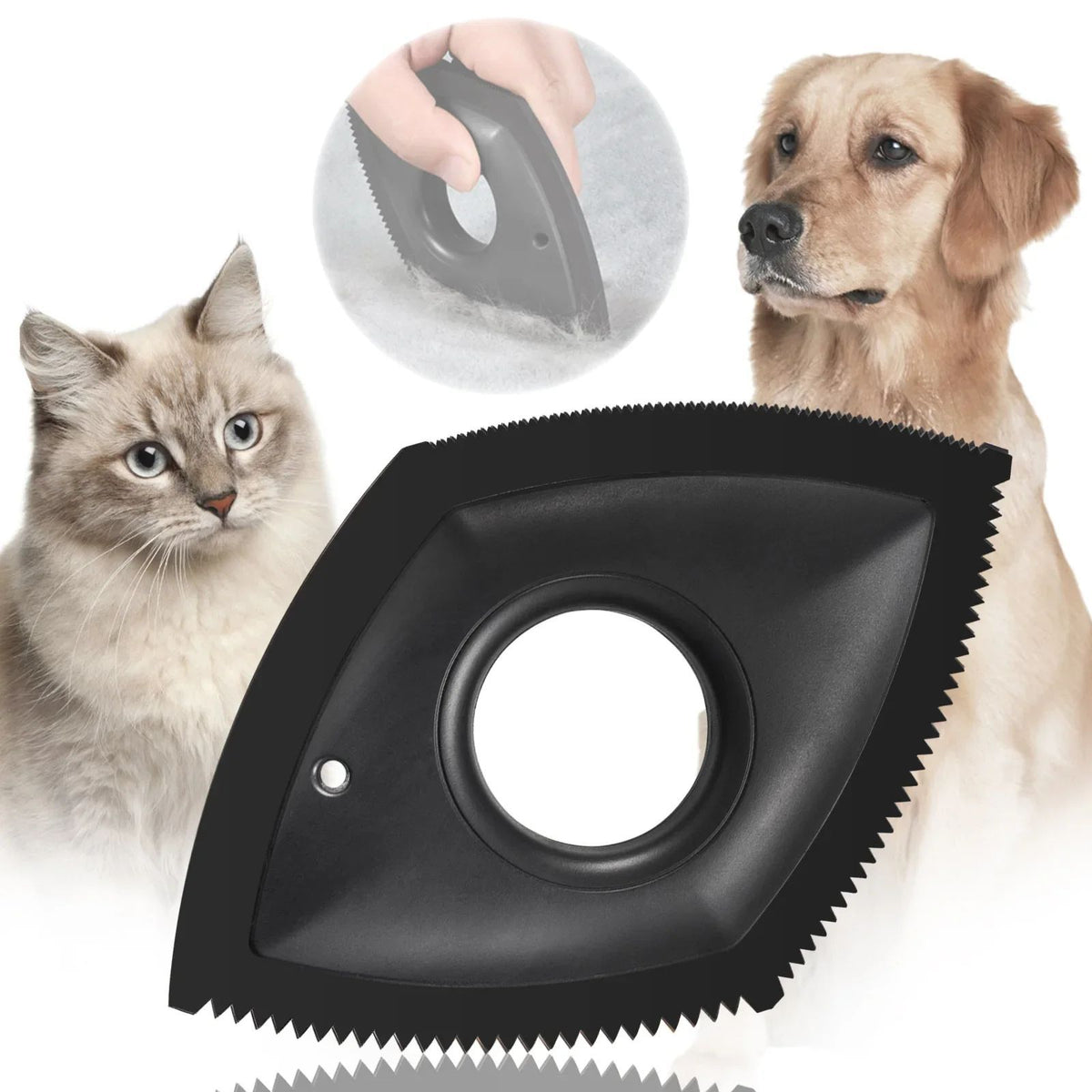 Pet Hair Scraper in black with a dog and cat